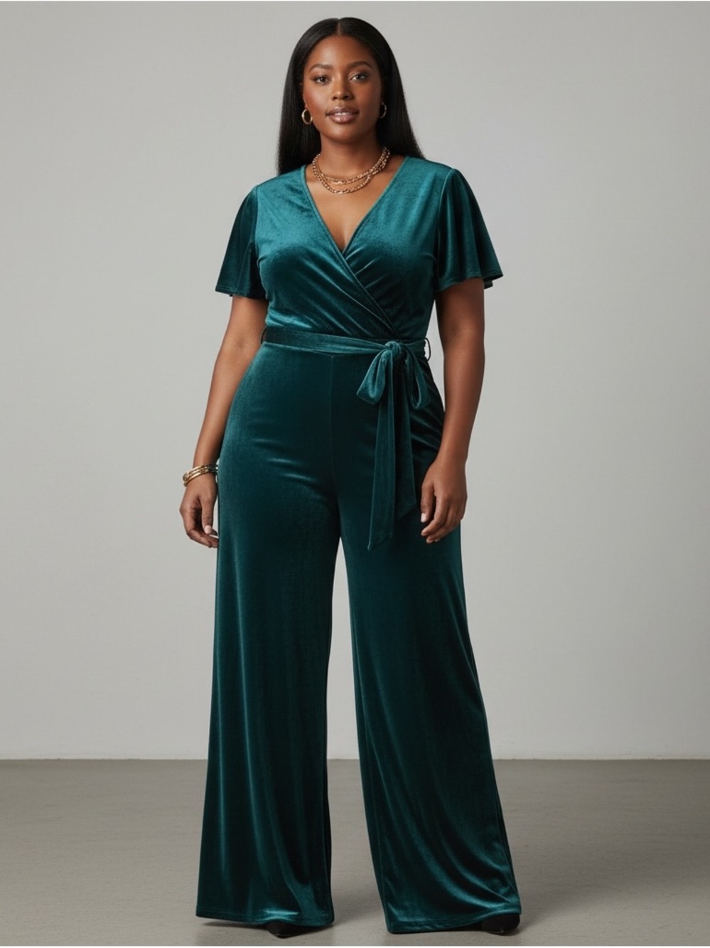 Alex Marie Emerald Velvet Caplet Surplice Belted Self Tie Wide Leg Jumpsuit